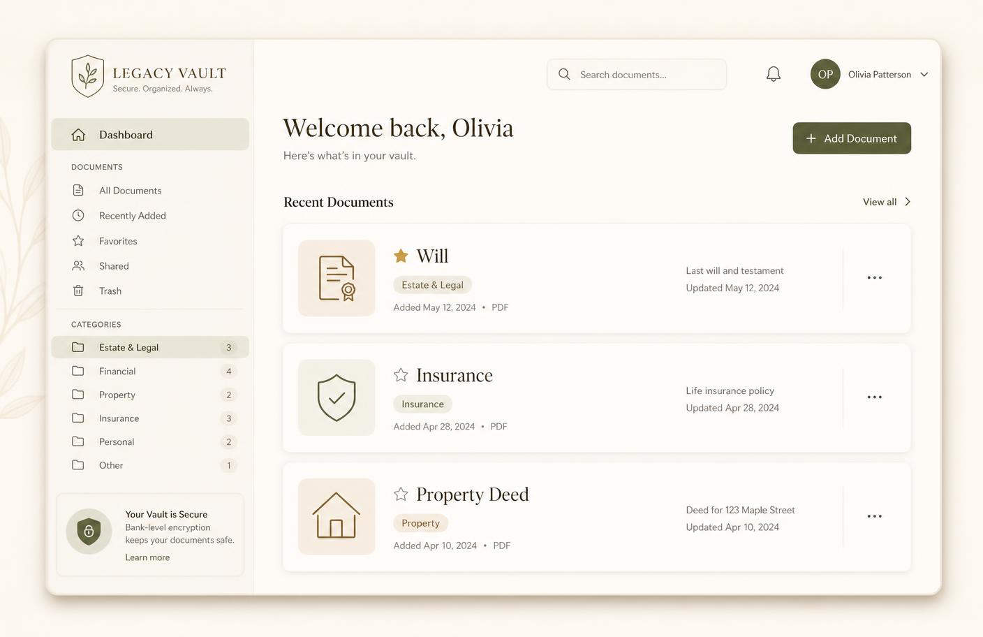 Sanad dashboard showing organized documents such as a will, insurance policy and property deed